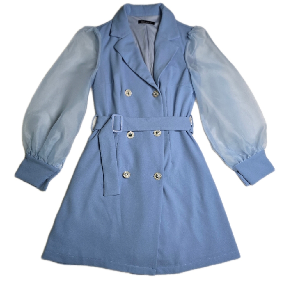 Shein Elegant Blue Double-Breasted Dress with Belt, Medium